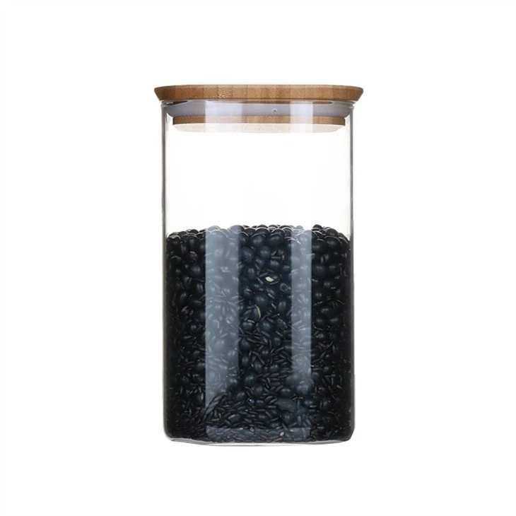 Airtight Glass Storage Canister With Bamboo Lid Set Of 4, Clear Food Storage Container Kitchen Pantry Storage Jar For Flour Cereal Sugar Tea Coffee Beans Snacks, Square